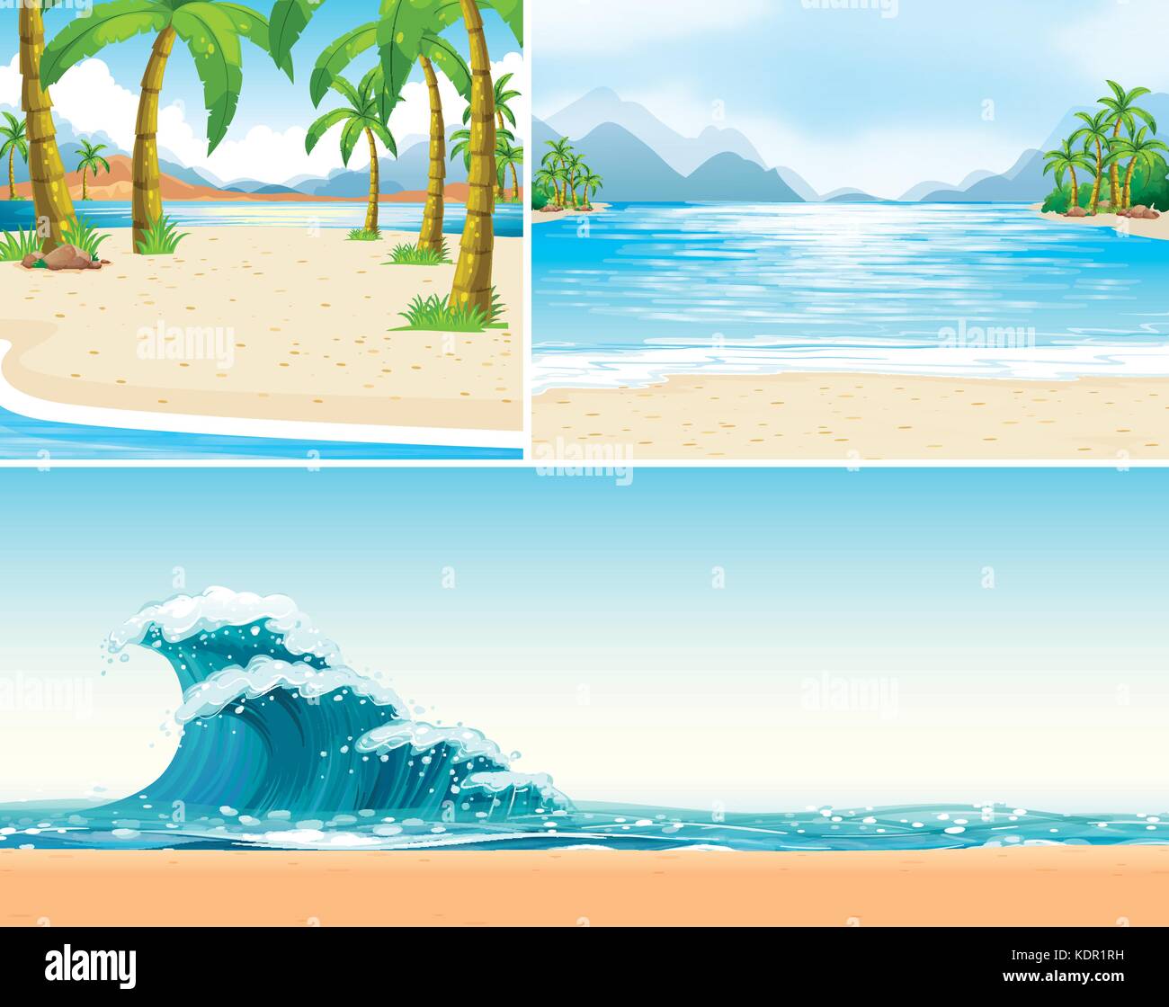 Three scenes of beach and ocean illustration Stock Vector Image & Art ...