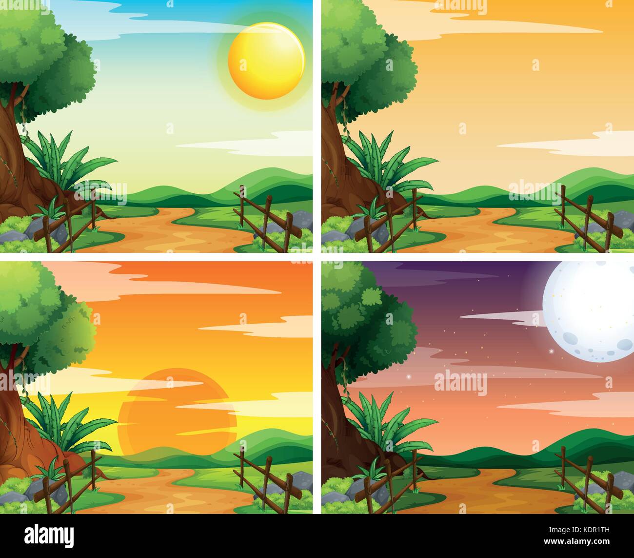 Four scenes of sunset in countryside illustration Stock Vector Image ...