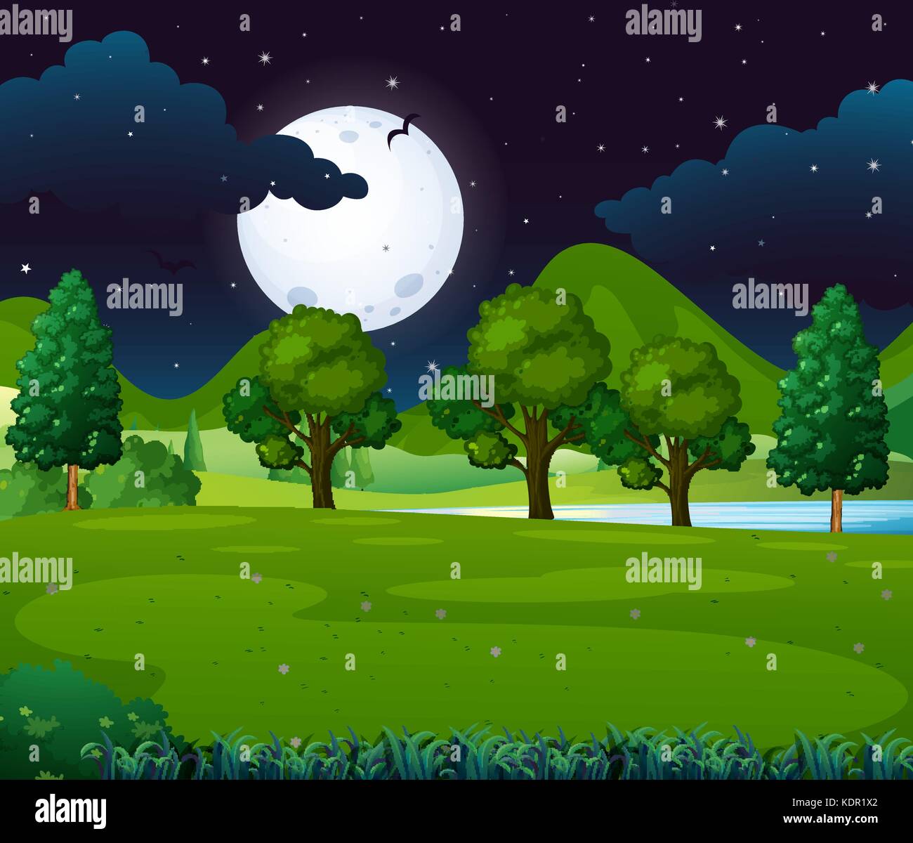 Night scene with fullmoon in the park illustration Stock Vector Image ...