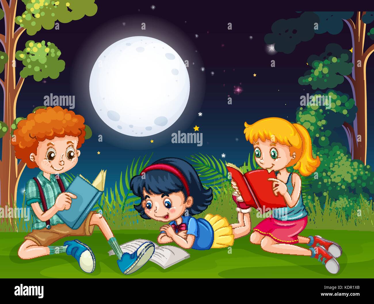 Three kids reading books at night in the park illustration Stock Vector