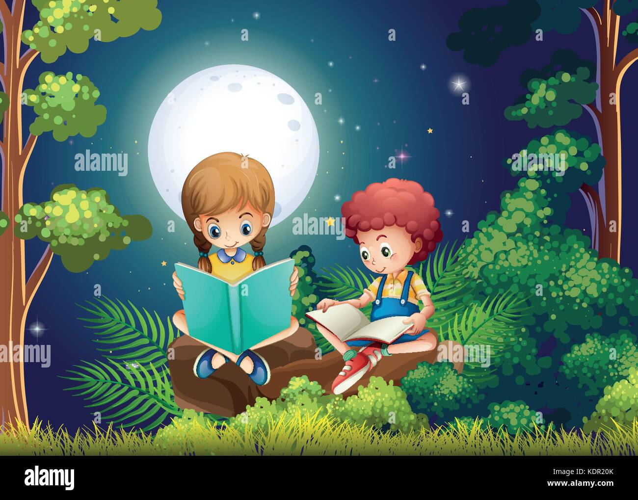 Boy and girl reading books in the woods at night illustration Stock