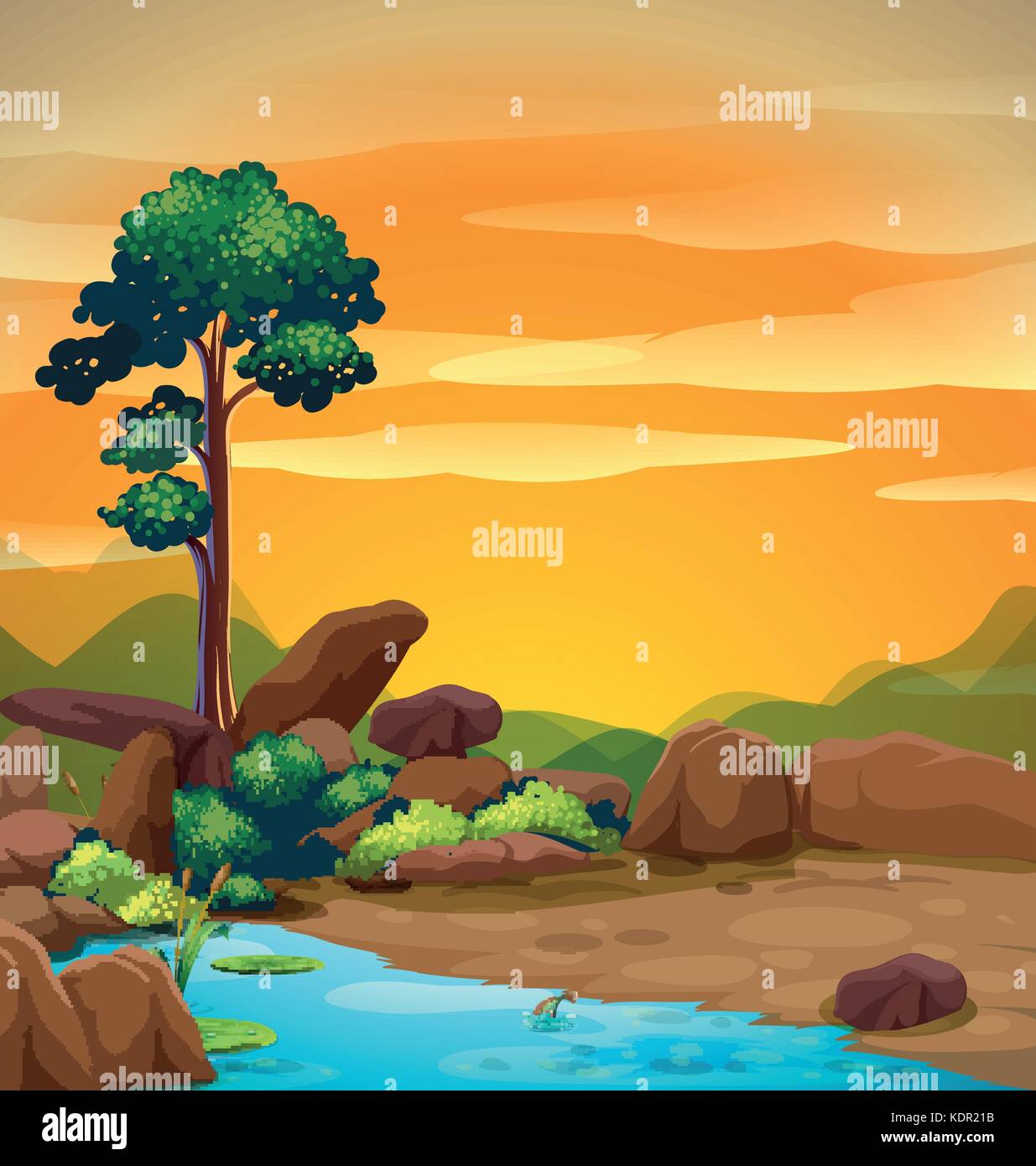 Scene with tree and pond at sunset illustration Stock Vector Image ...