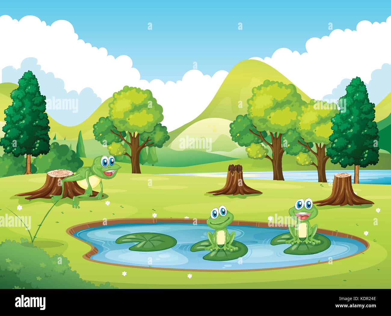 Park scene with three frogs in the pond illustration Stock Vector Image ...