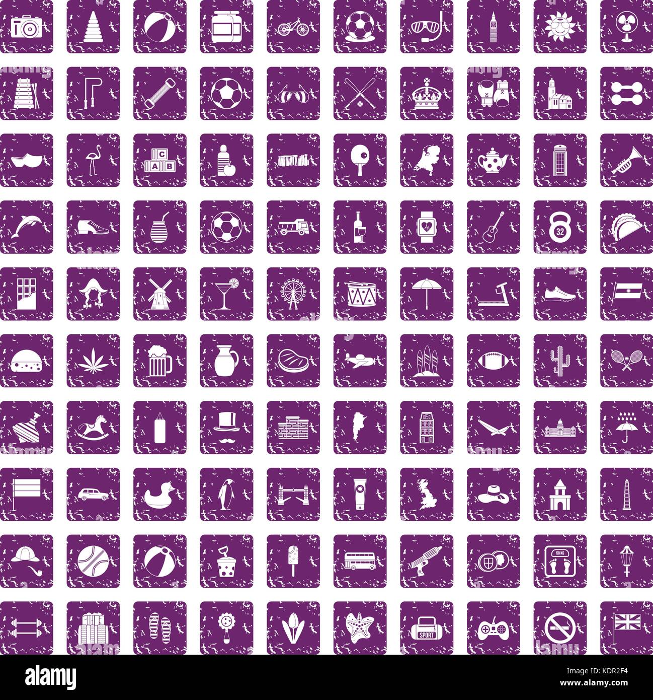 100 ball icons set grunge purple Stock Vector