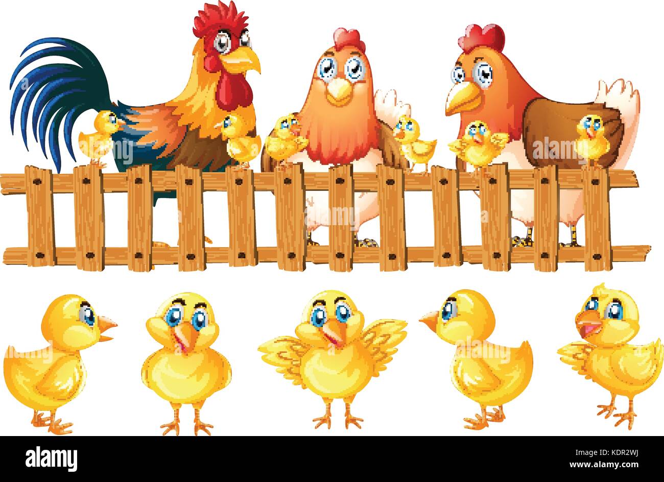 Chicken family with five little chicks illustration Stock Vector