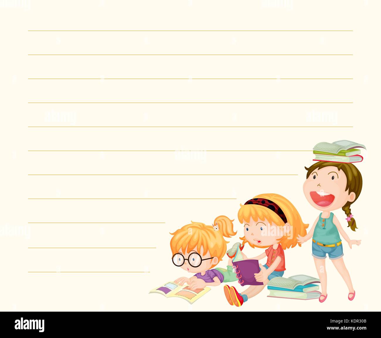 Line paper template with girls reading books illustration Stock Vector ...