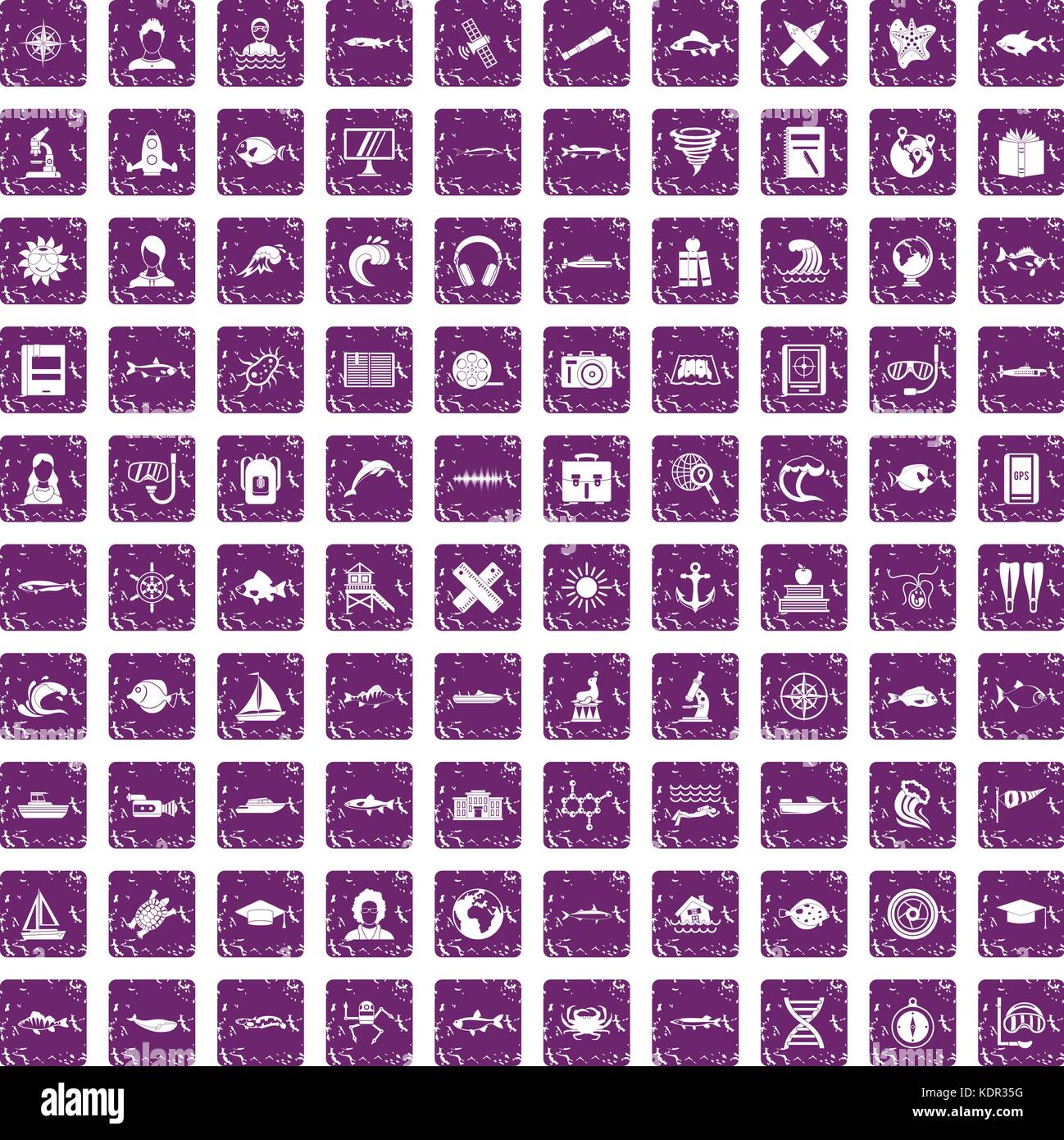 100 oceanologist icons set grunge purple Stock Vector