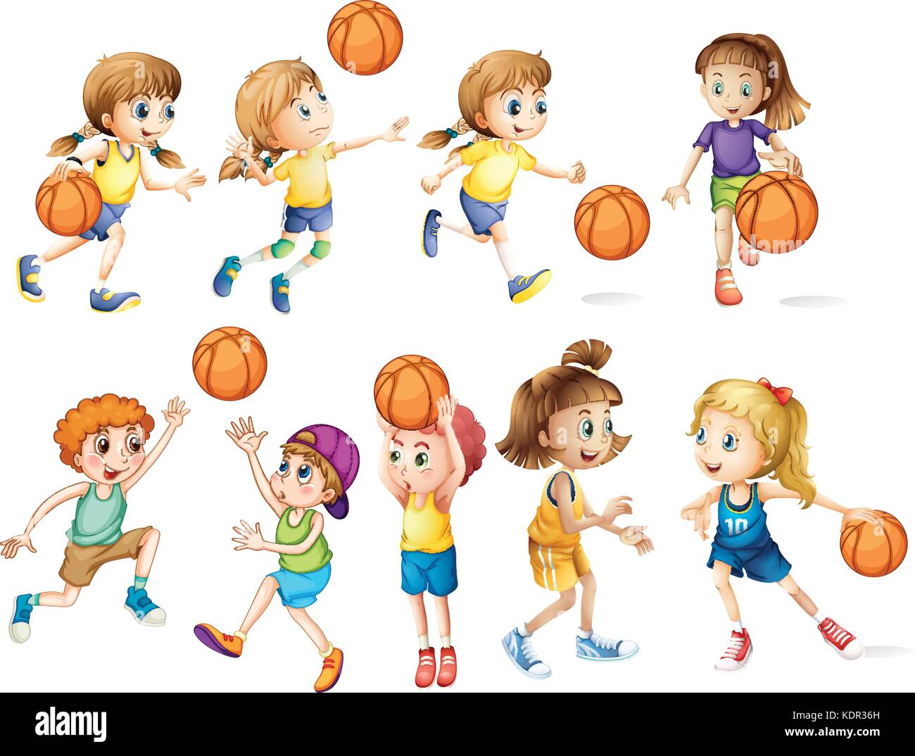 Girls and boys playing basketball illustration Stock Vector