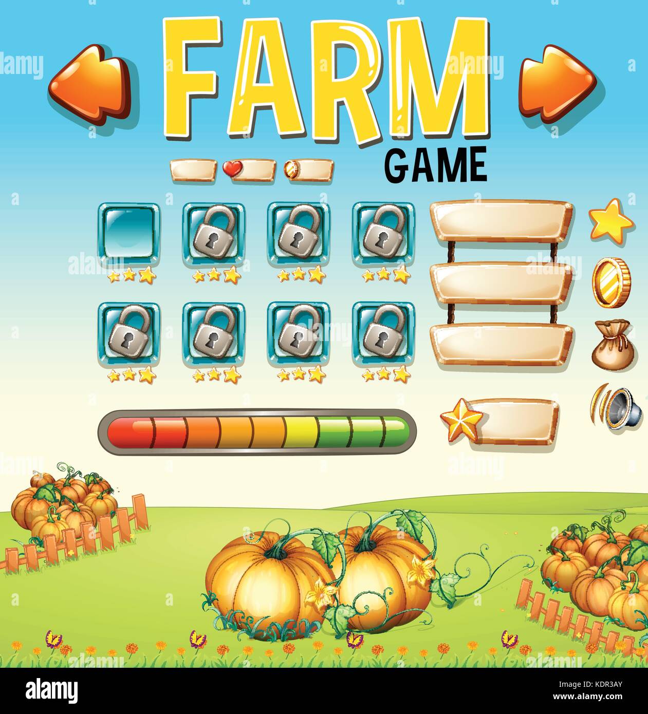 Game template with pumpking garden in background illustration Stock Vector