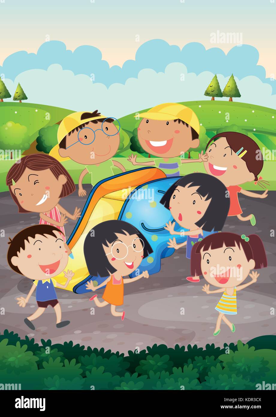 Happy children playing slide in park illustration Stock Vector Image ...