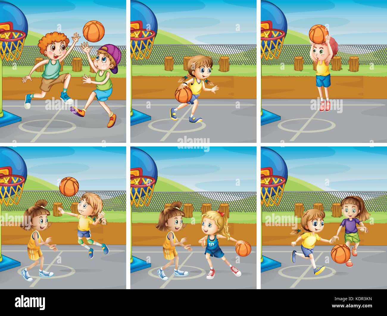 Boys and girls playing basketball illustration Stock Vector
