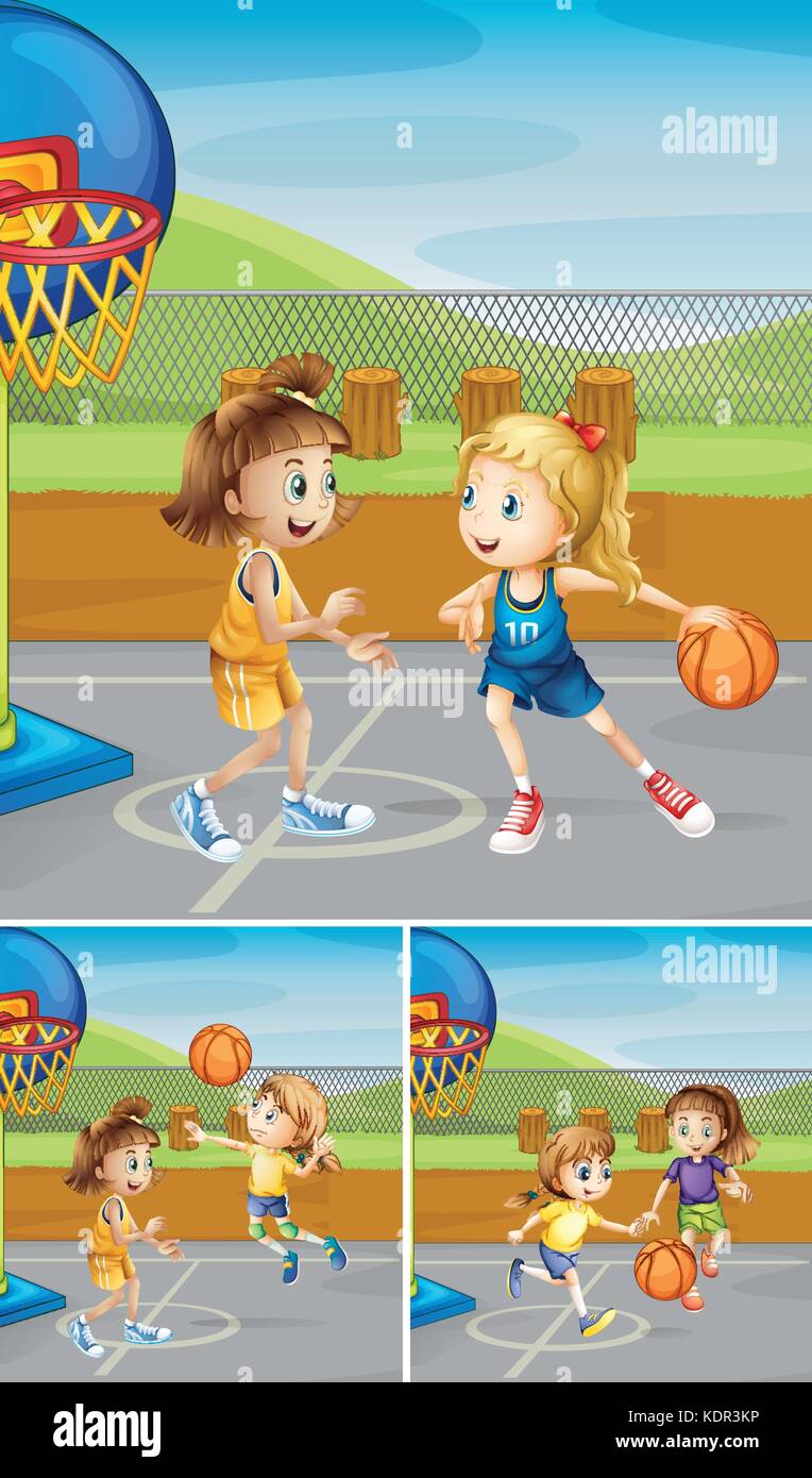 Scenes with girls playing basketball at the courts illustration Stock Vector