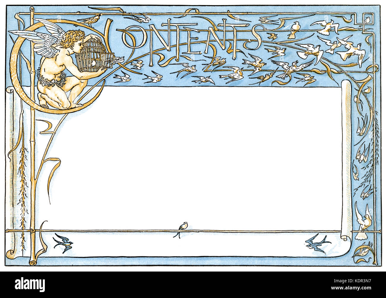 Walter Crane border for Contents page with naked boy angel holding open birdcage and songbirds flying free. Stock Photo