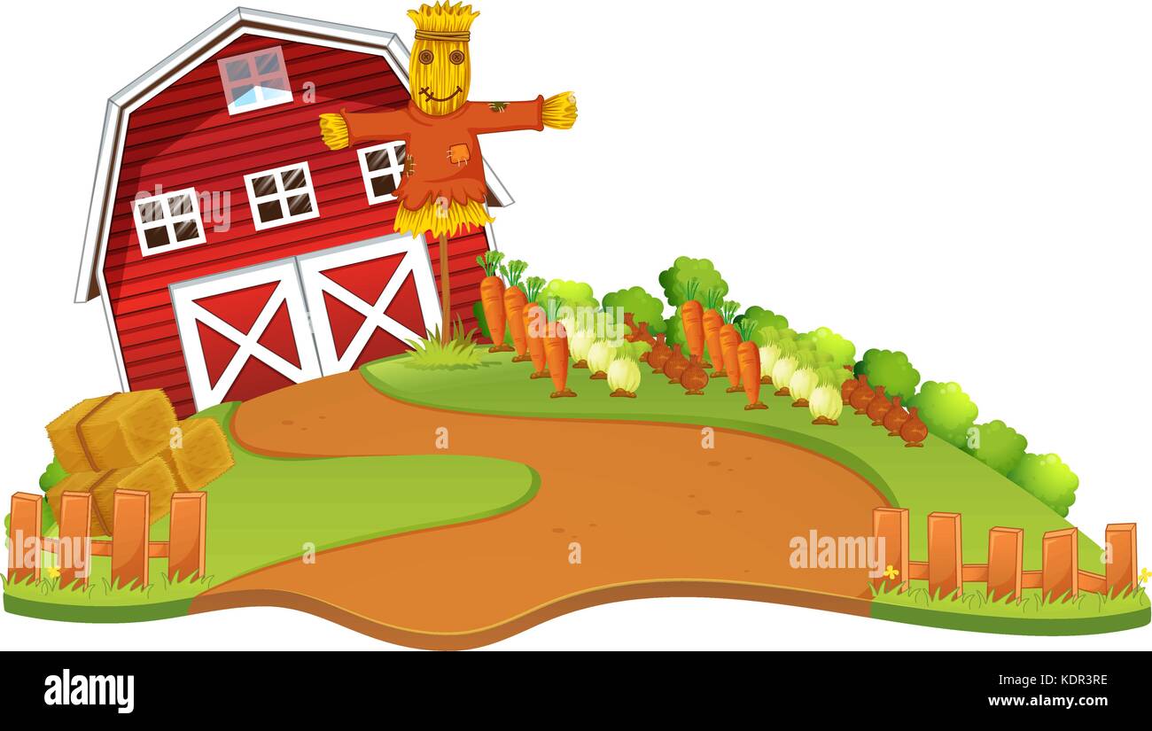 Farm scene with scarecrow and vegetables garden illustration Stock ...