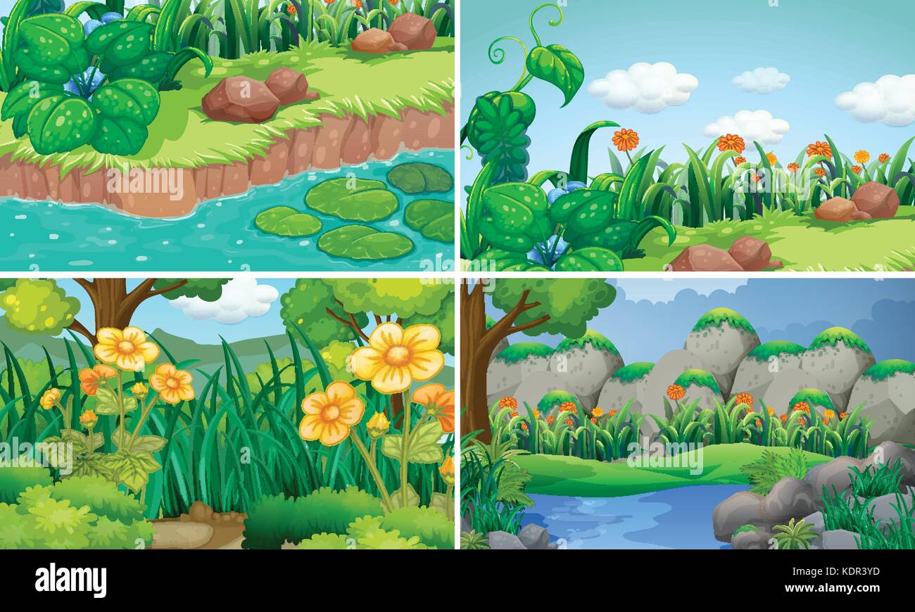 Four scenes with flowers in garden illustration Stock Vector Image ...