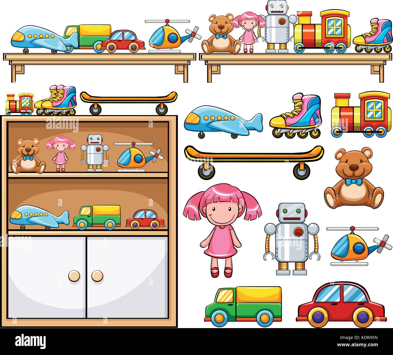 Different toys on the wooden shelves illustration Stock Vector Image ...