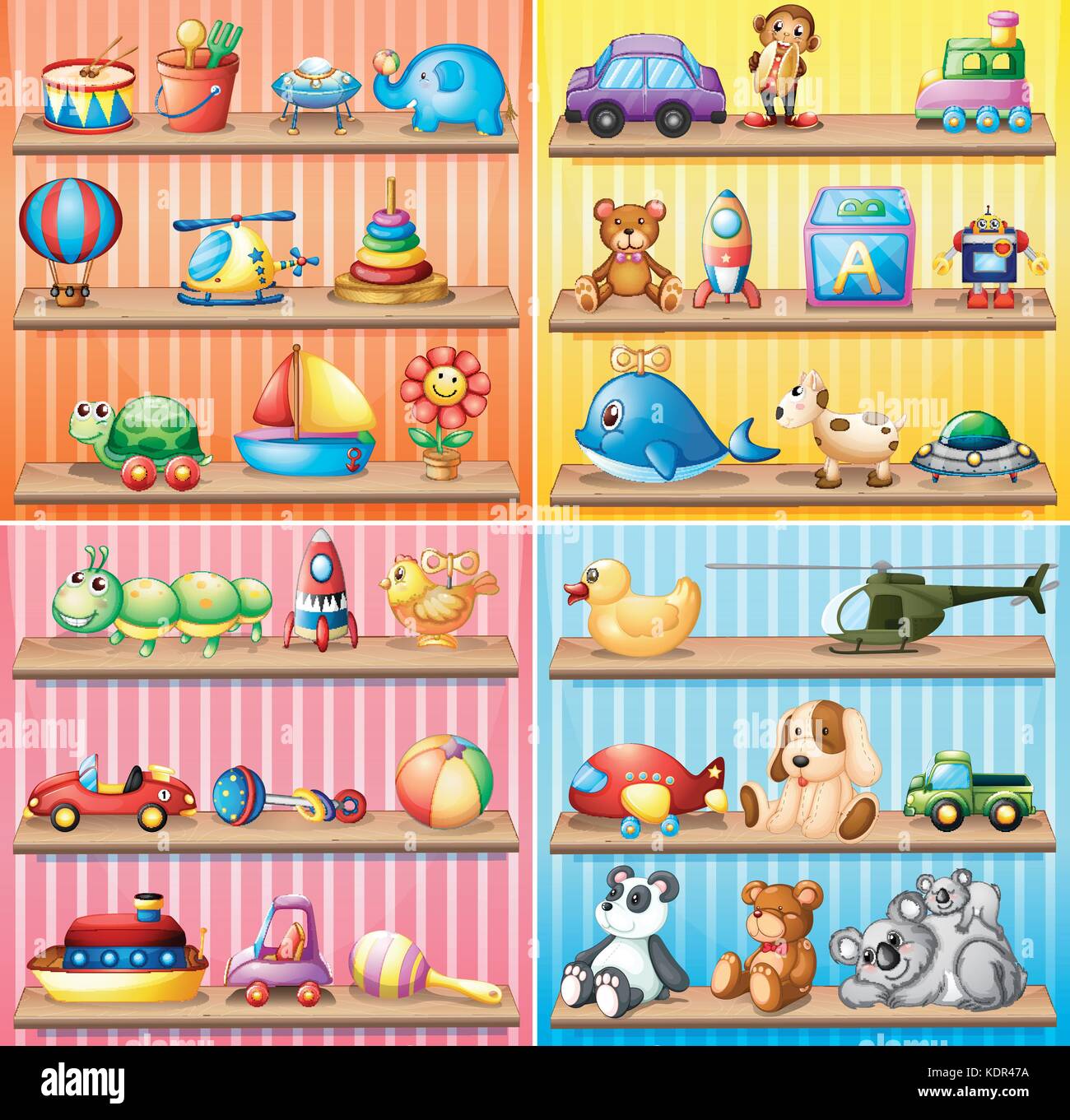Different types of toys on the shelves illustration Stock Vector Image