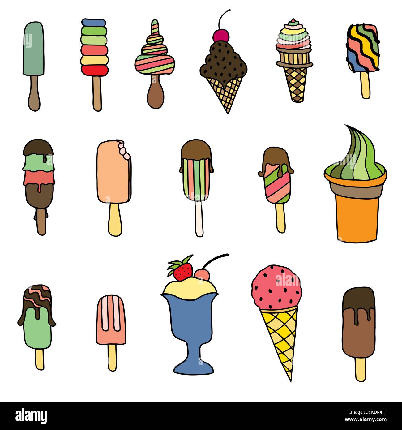 Set of icecream. Melting ice cream, ice cream in a waffle cone, ice