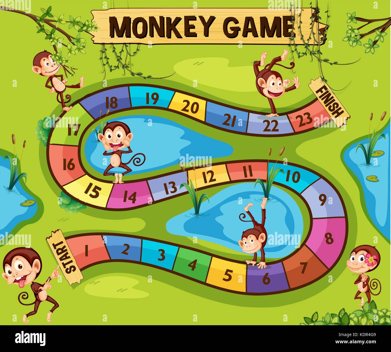 Boardgame template with monkeys in jungle illustration Stock Vector