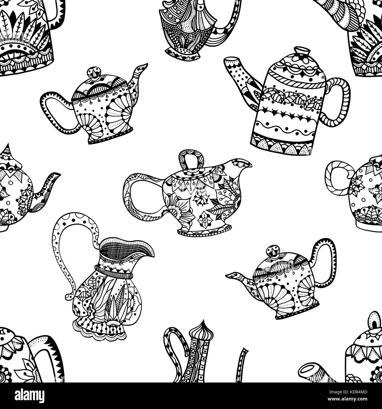 Seamless pattern of Teapots and jugs. Vector illustration. Hand drawn ...