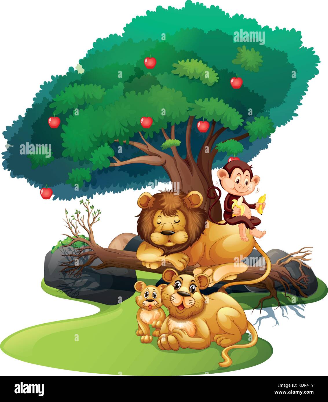 Lion family and monkey in forest illustration Stock Vector Image & Art -  Alamy