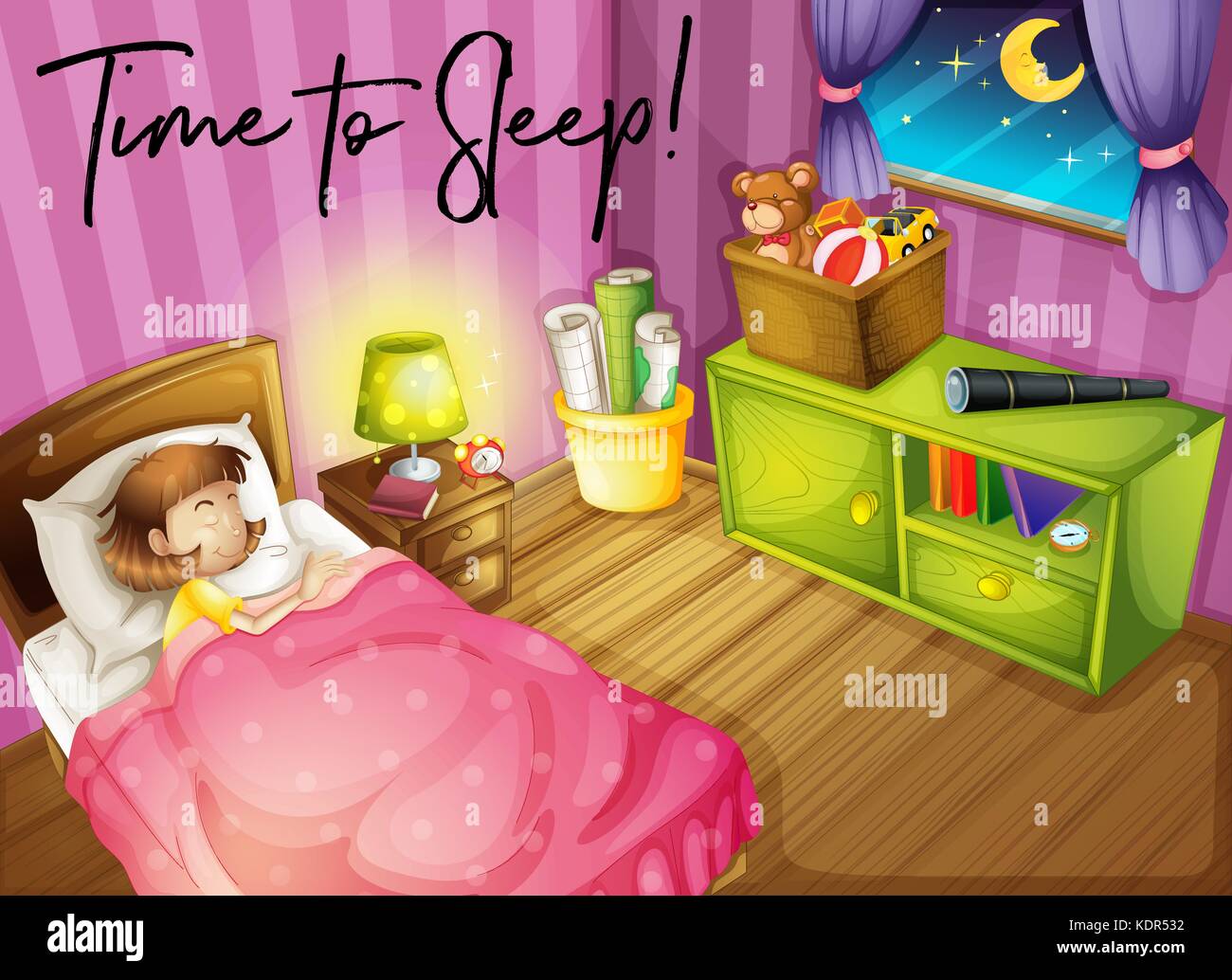 Girl In Bed And Words Time To Sleep Illustration Stock Vector Image And Art Alamy