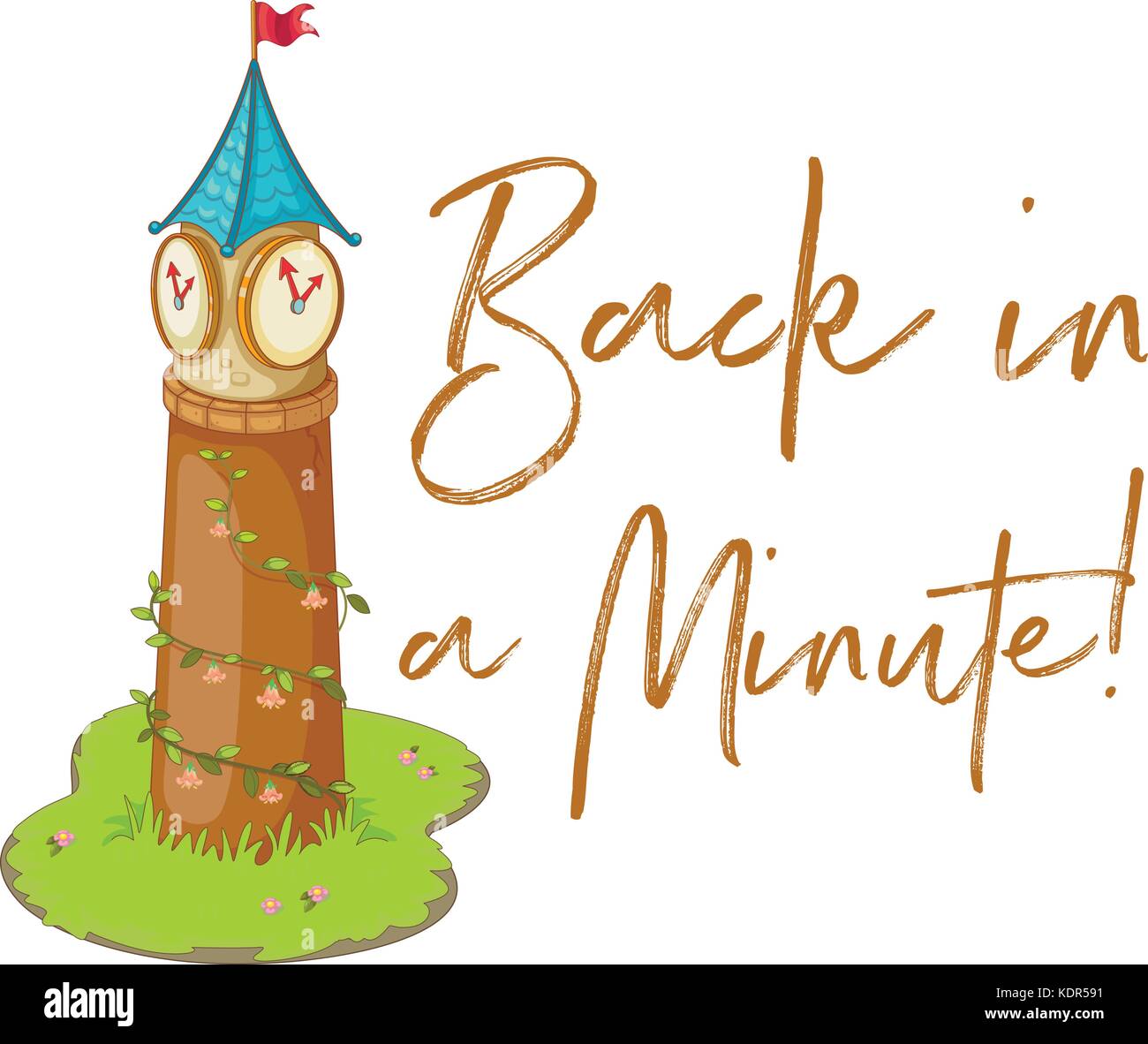 Phrase expression for back in a minute woth clock tower illustration