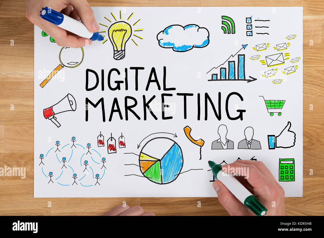 People Using Colorful Marker For Drawing Digital Marketing Concept On