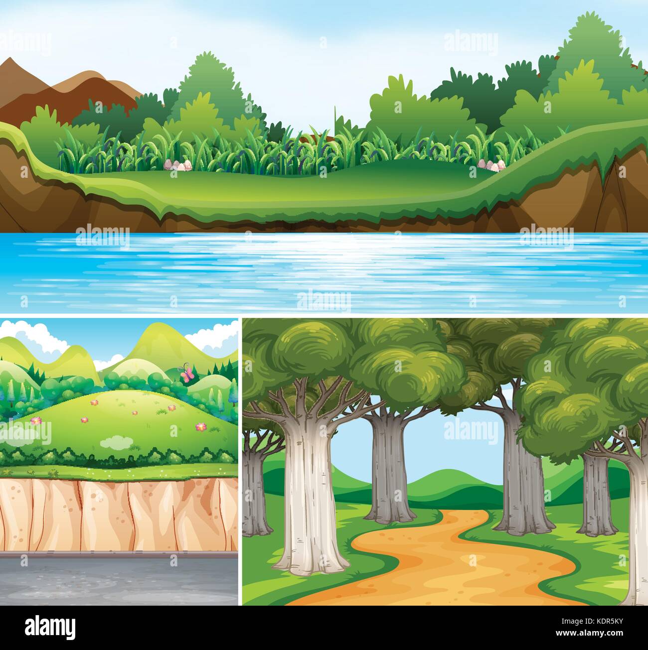 Three nature scenes with river and road illustration Stock Vector Image ...