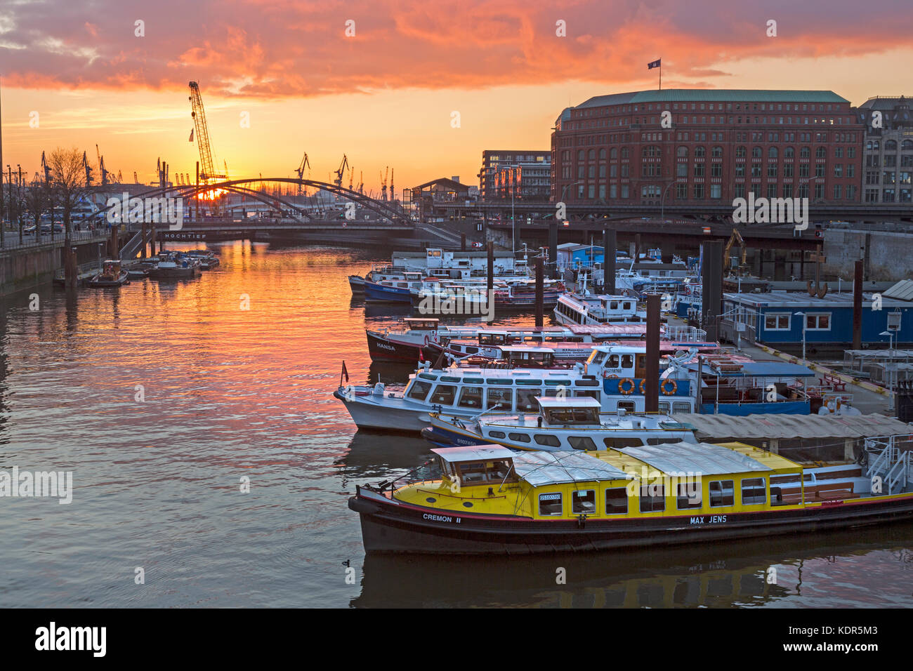 Hamburg harbour at sunset, Hamburg, Germany, Europe Stock Photo