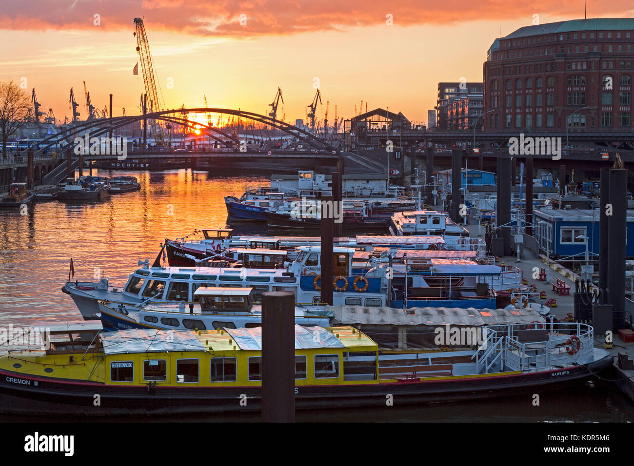 Hamburg harbour at sunset, Hamburg, Germany, Europe Stock Photo