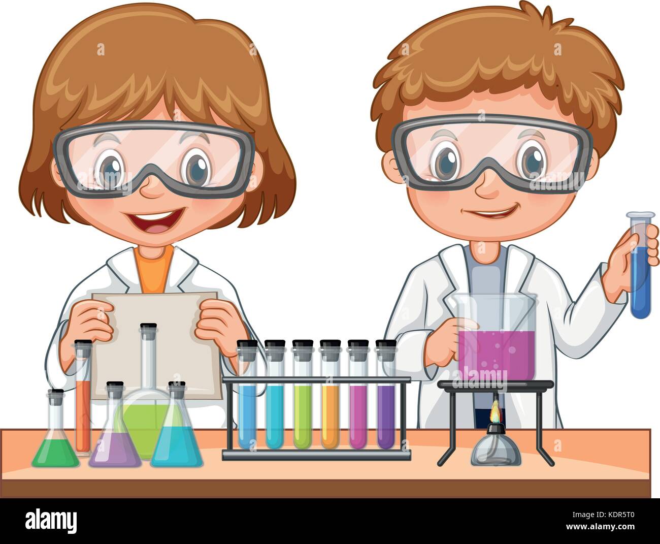 Girl and boy doing science experiment illustration Stock Vector