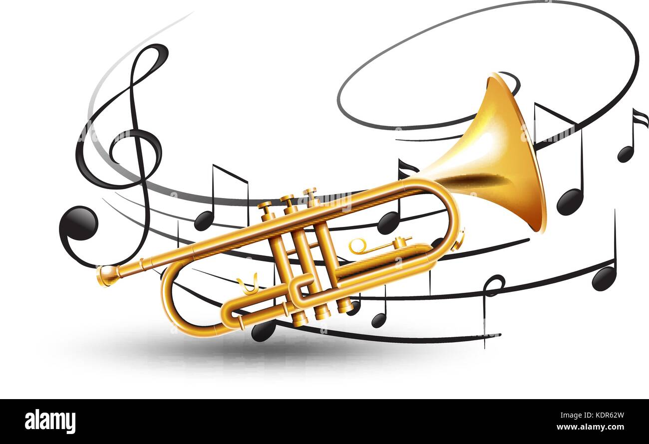 Golden trumpet with music notes in background illustration Stock Vector