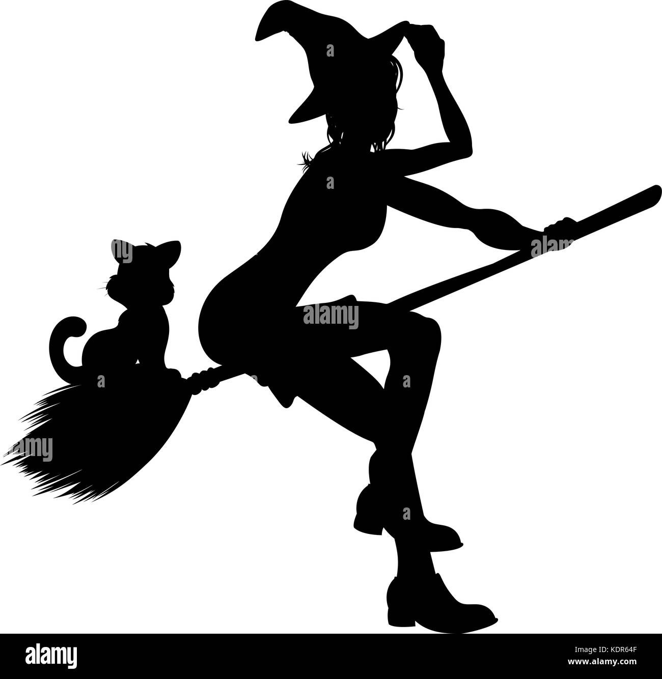 Silhouette Witch and Cat Flying On Broomstick Stock Vector