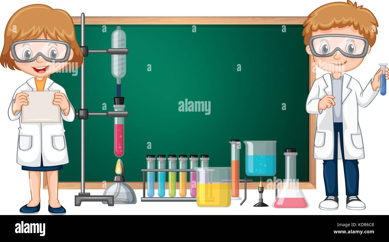 Kids doing science lab experiment with blackboard in background illustration Stock Vector