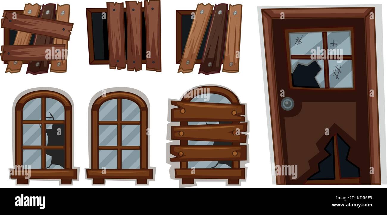 Broken windows and door illustration Stock Vector Image & Art - Alamy