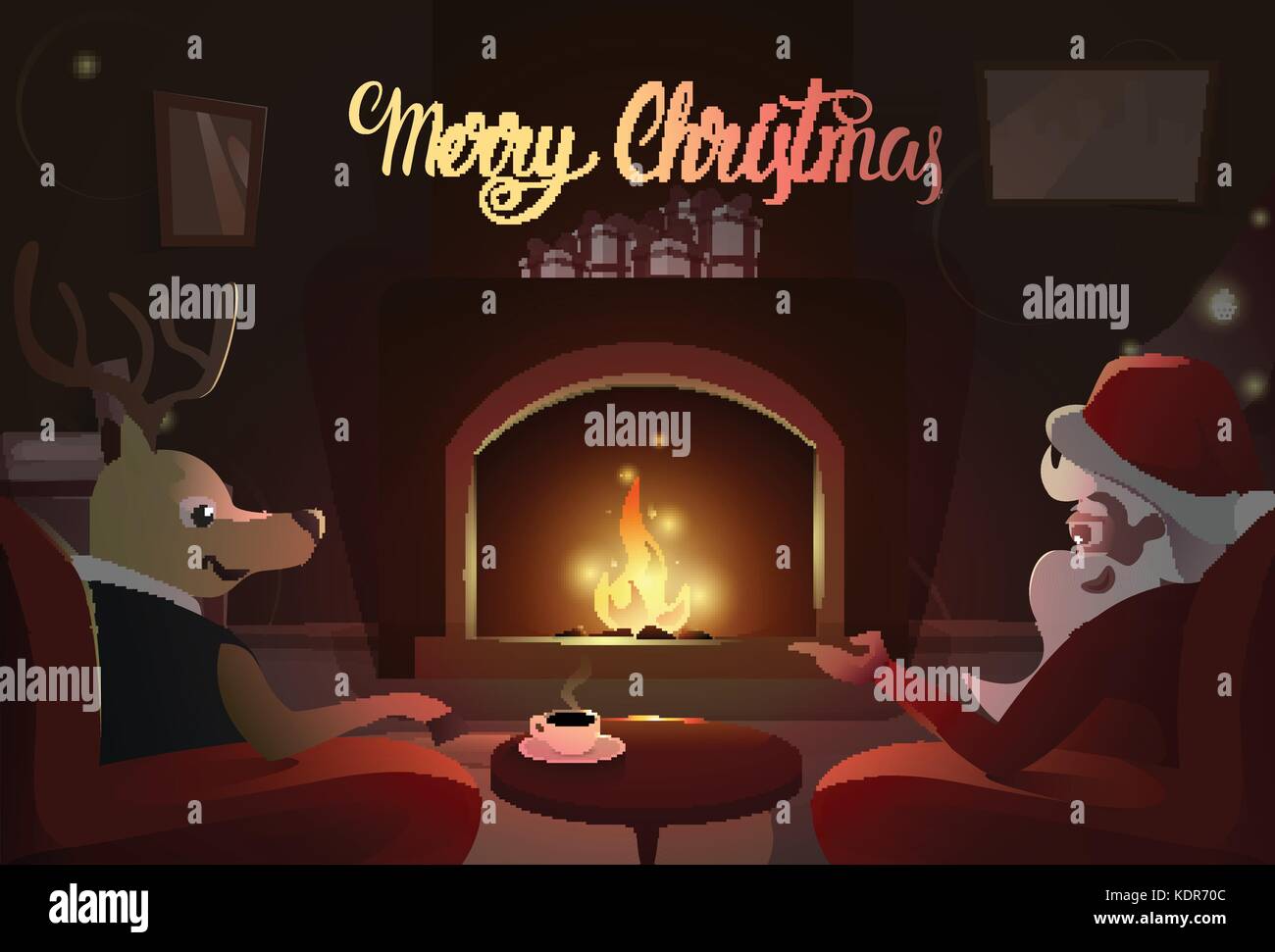 Santa And Deer Sitting Near Fireplace, Merry Christmas And Happy New ...