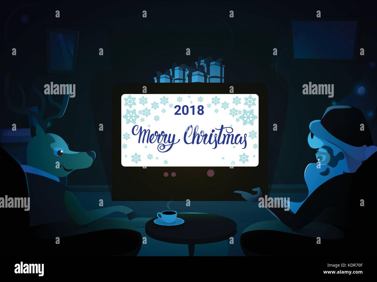 Santa And Deer Sitting Together, Merry Christmas And Happy New Year ...