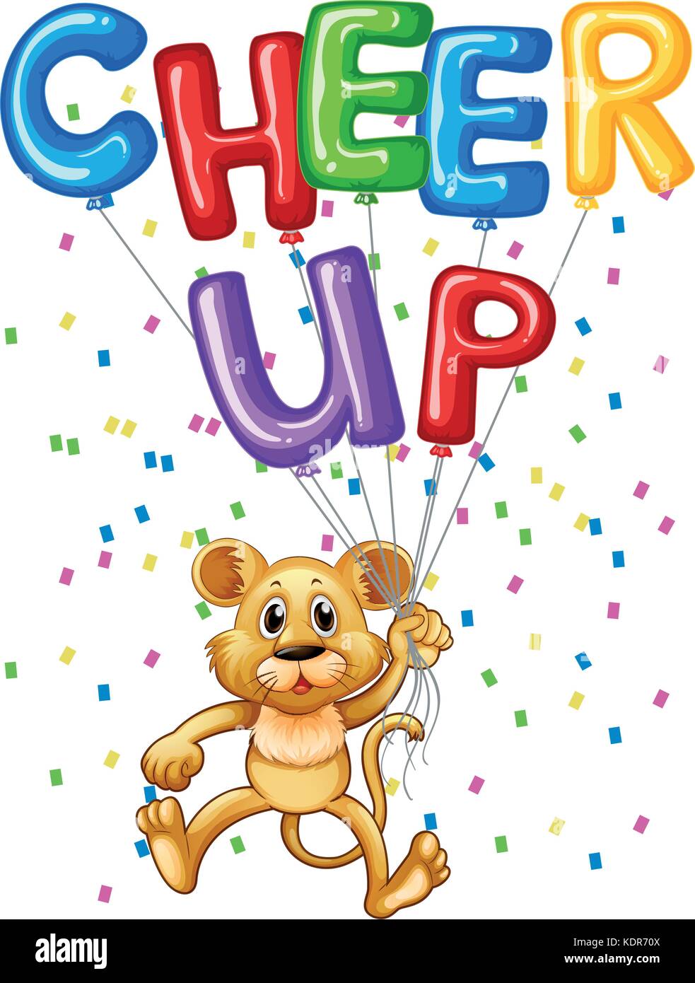 Cute lion cub with balloons and word cheer up illustration Stock Vector