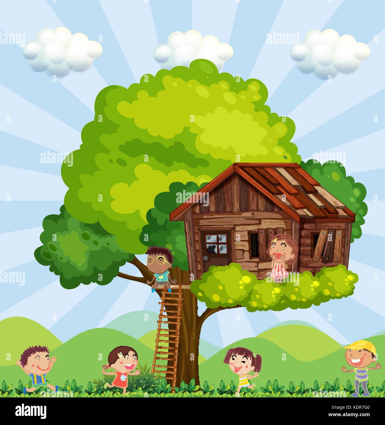 Many children playing in the treehouse illustration Stock Vector Image ...