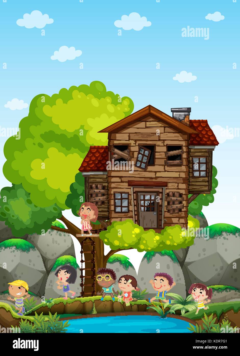 Children playing at the treehouse illustration Stock Vector Image & Art ...