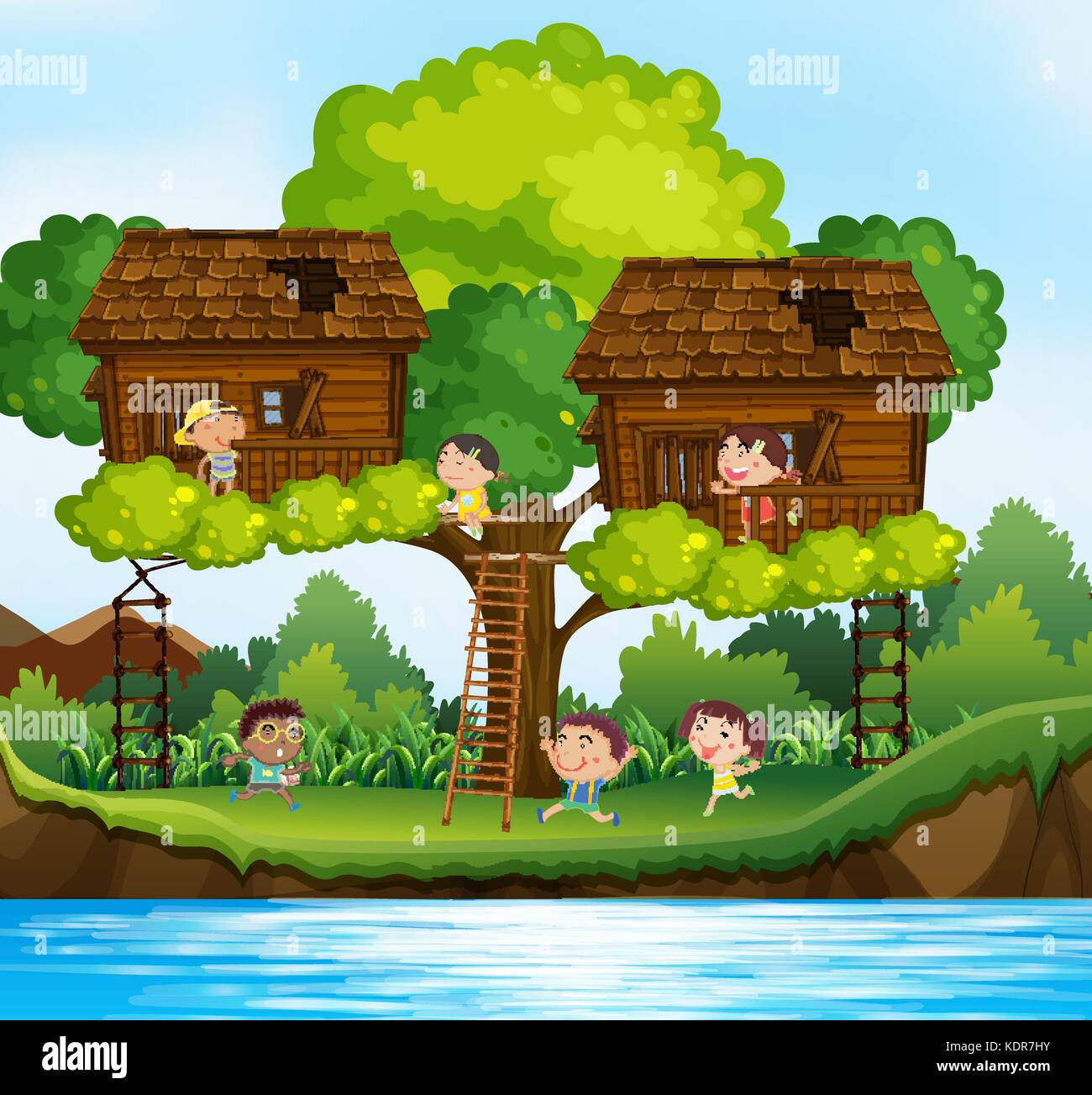 Many children playing in treehouses on the tree illustration Stock ...
