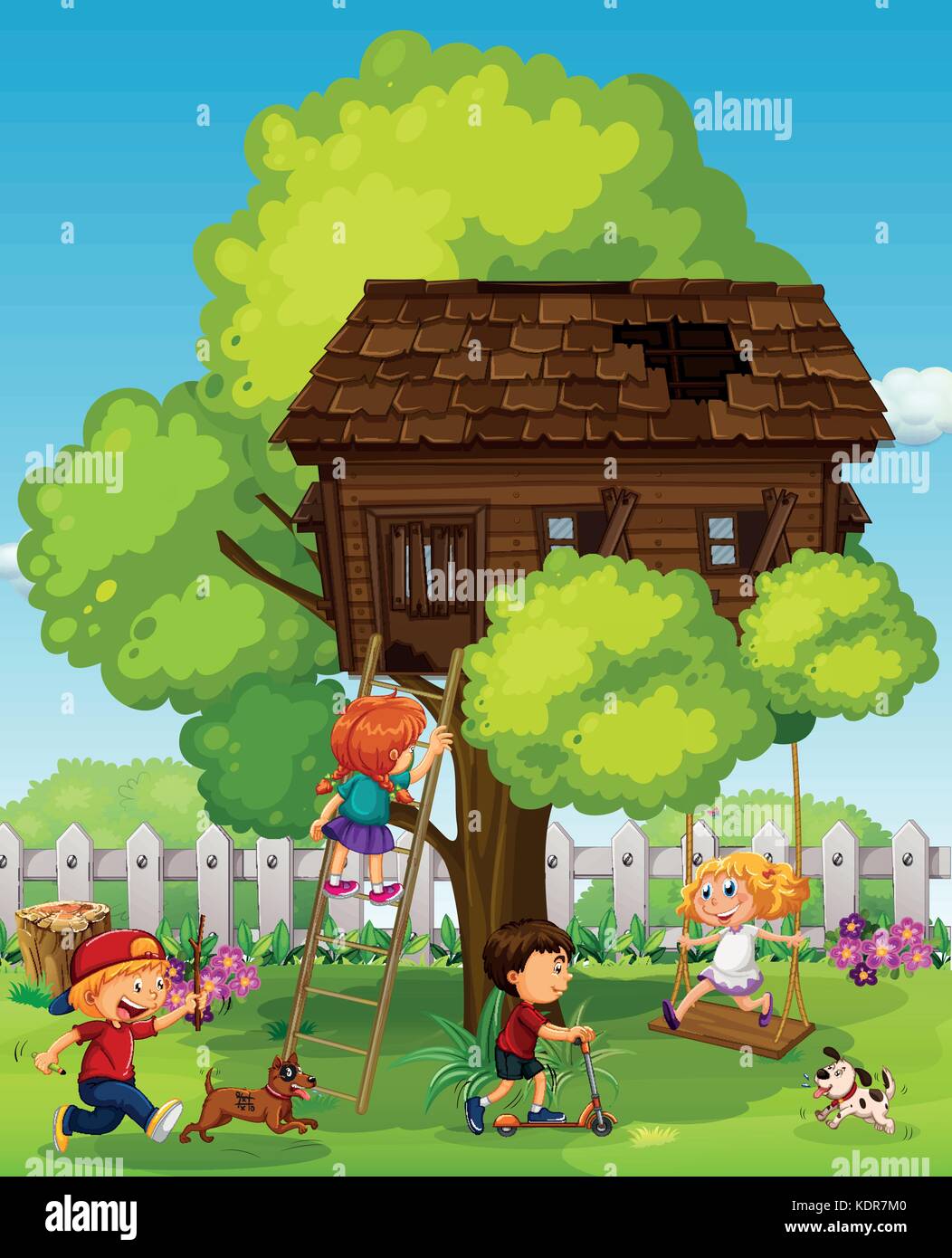 Children playing in the treehouse illustration Stock Vector Image & Art ...