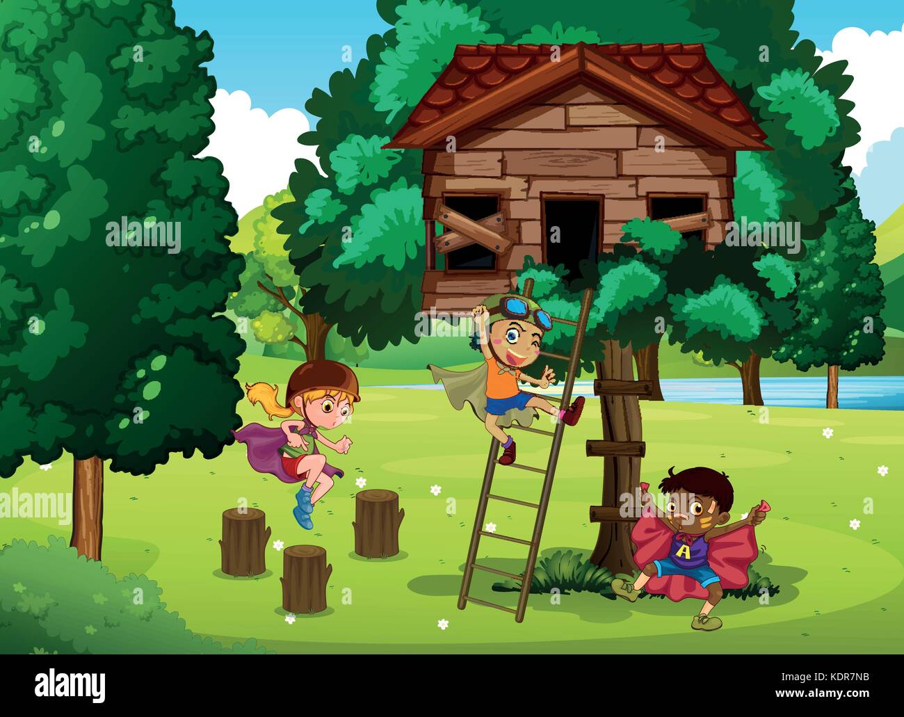 Children playing in the treehouse illustration Stock Vector Image & Art ...