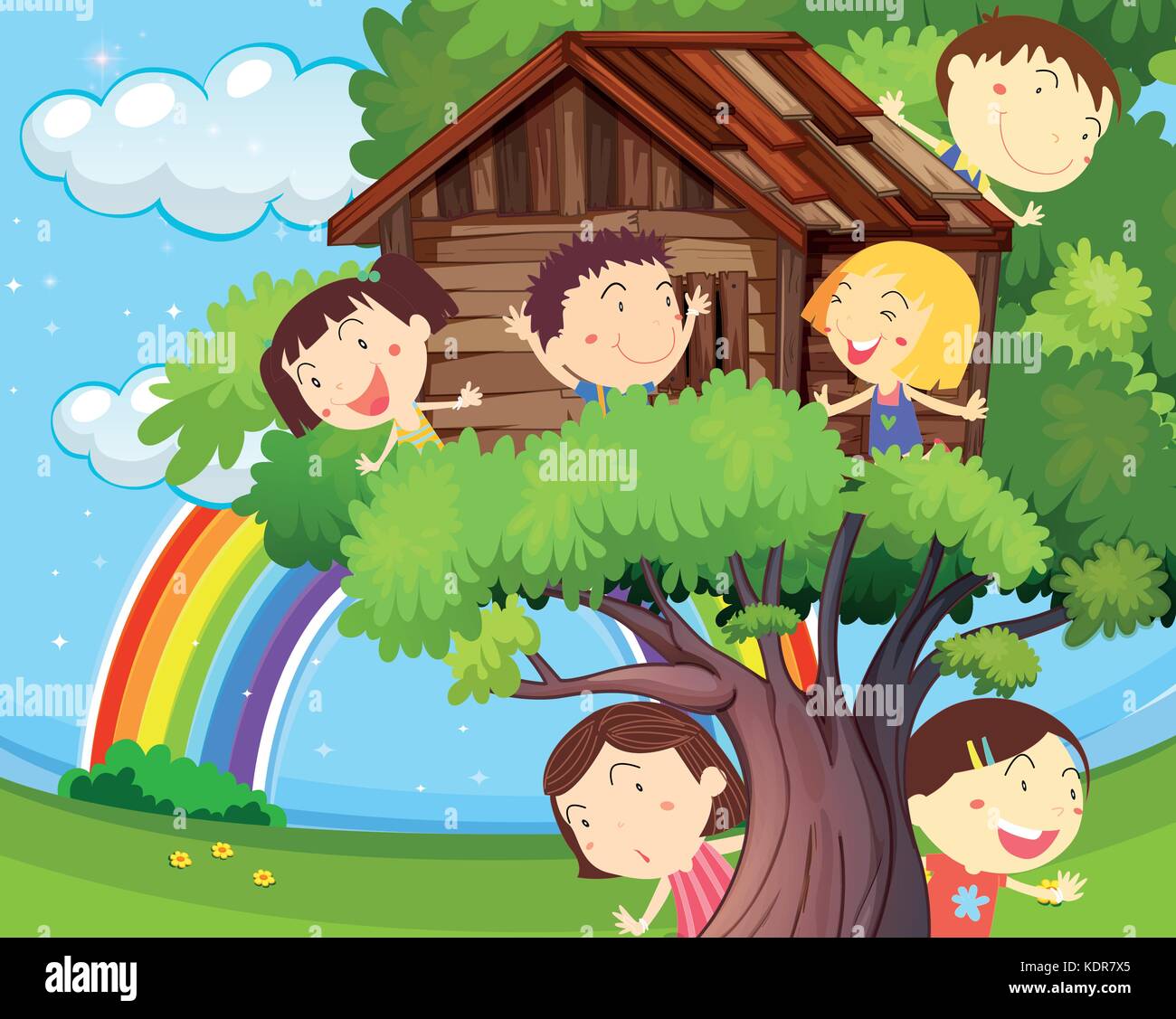 Many children playing on treehouse illustration Stock Vector Image ...