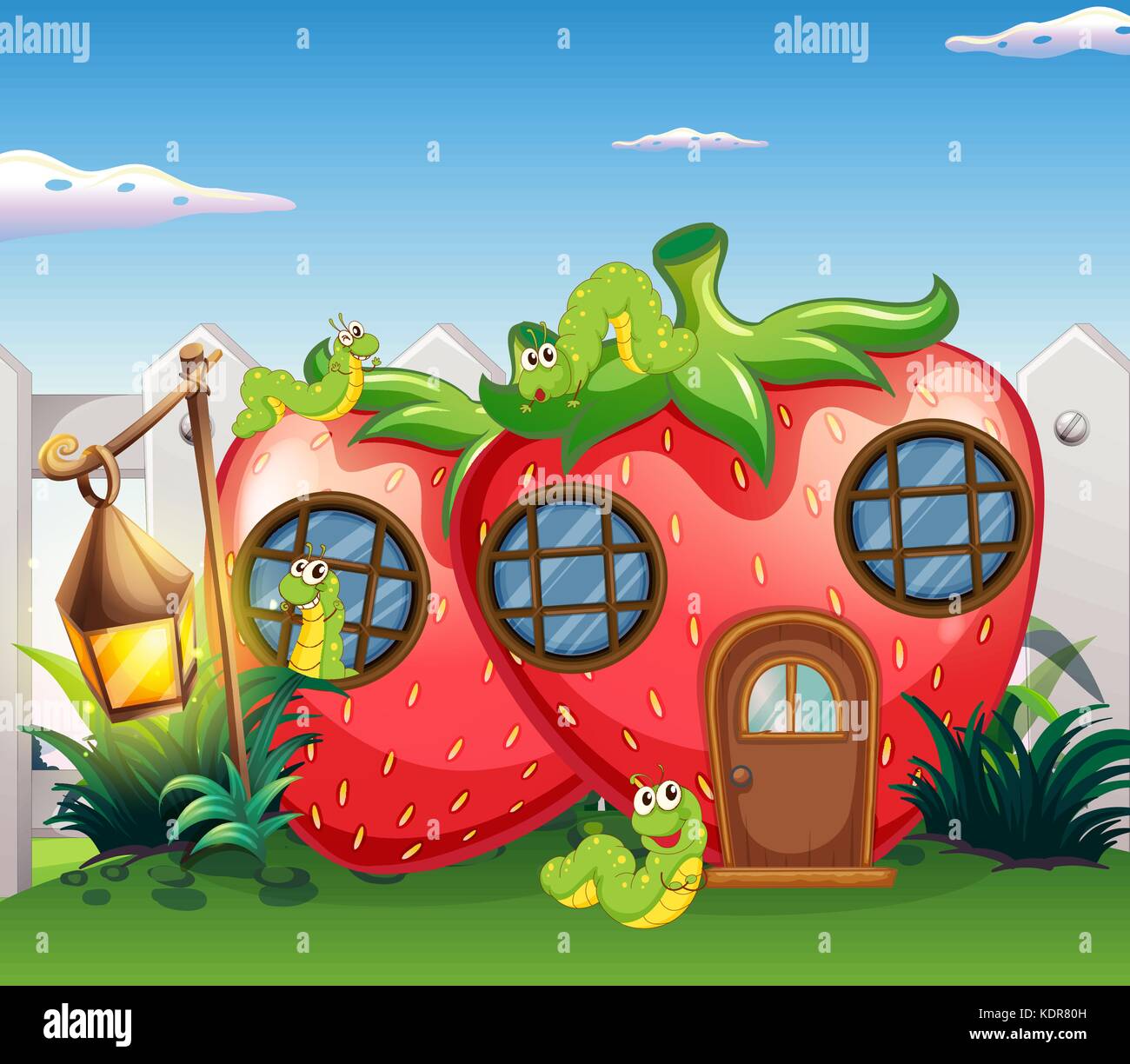 Strawberry house with caterpillars in garden illustration Stock Vector
