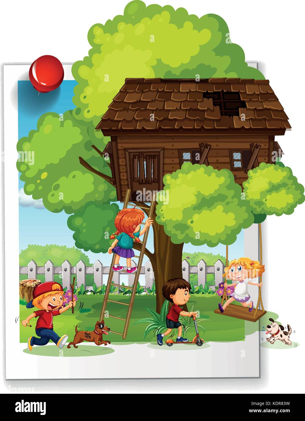 Many kids playing at the treehouse illustration Stock Vector Image ...