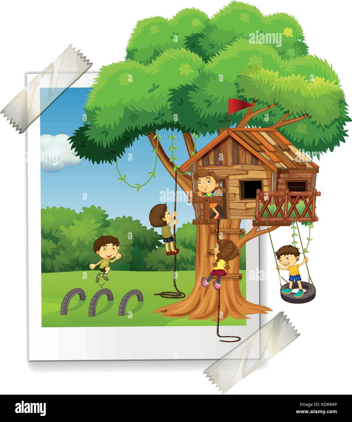 Many children playing in treehouse illustration Stock Vector Image ...
