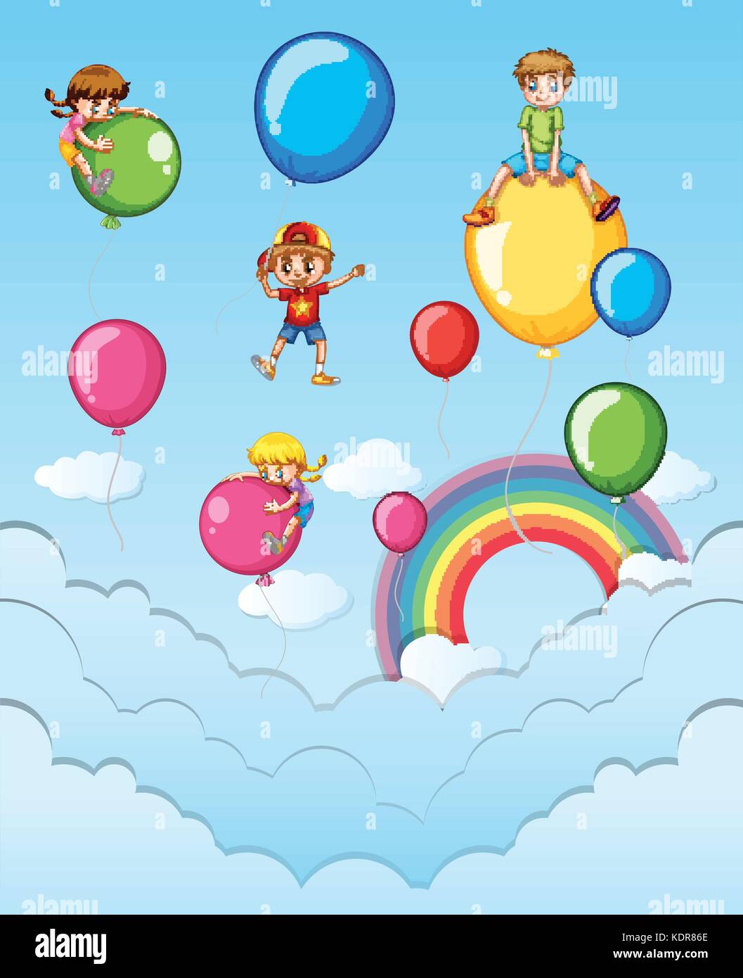Happy children on colorful balloons in the sky illustration Stock ...