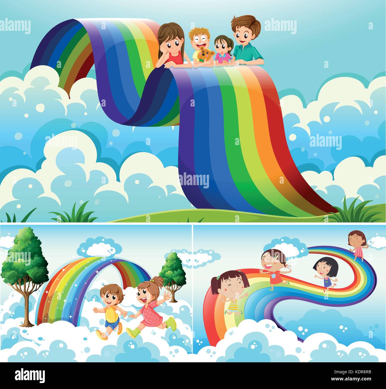 Happy children over the rainbow illustration Stock Vector Image & Art ...